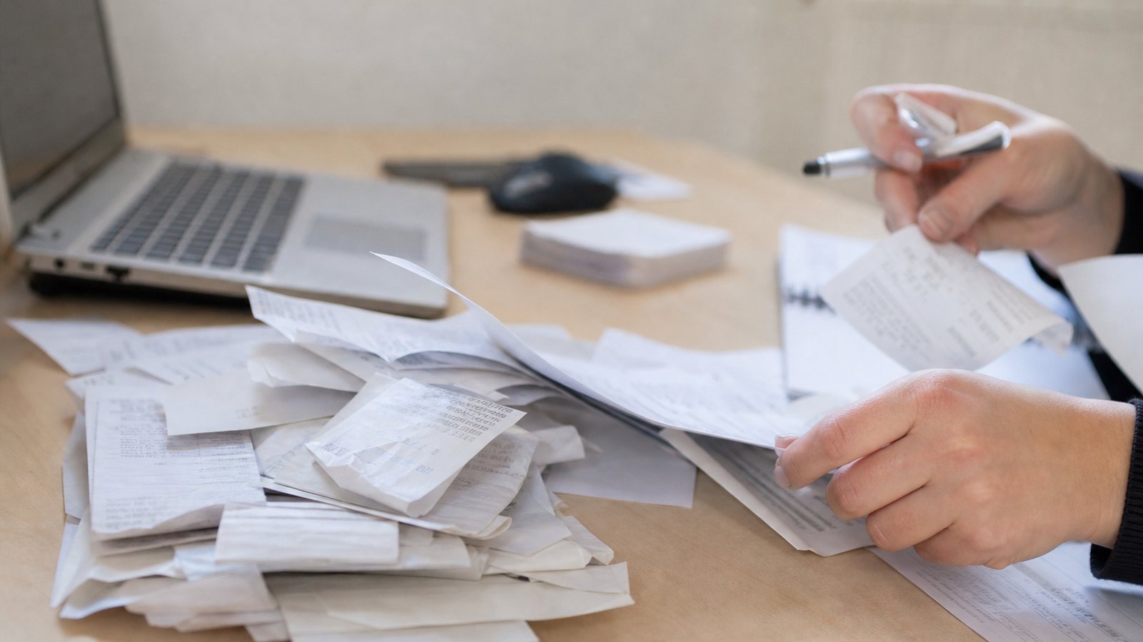 Tickets de caisse et factures triés à côté d'un smartphone sur un bureau