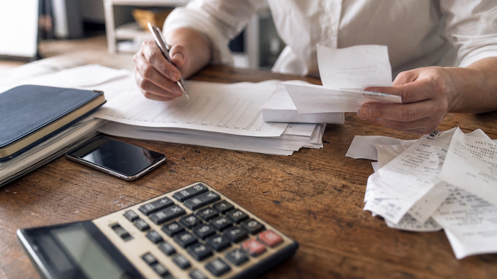 Comptable calculant la TVA récupérable à partir de factures et d'une calculatrice